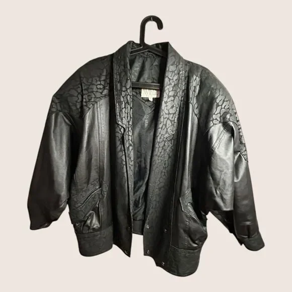 🖤 VTG 1980s WINLOCK GENUINE LEATHER JACKET COAT LEOPARD ANIMAL CONTRAST MEDIUM - Picture 6 of 14